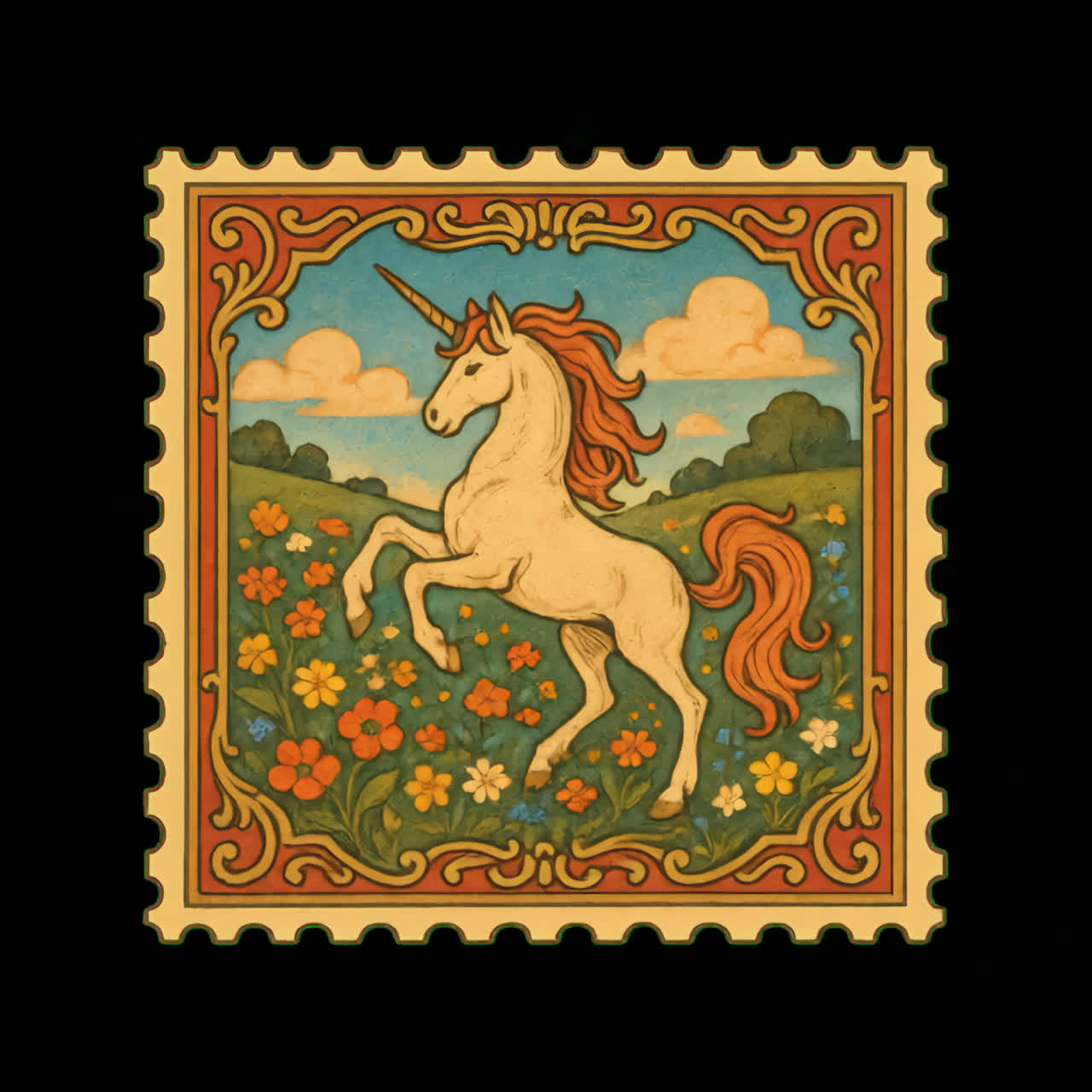 Animace ilustrace jednorožce ve vintage stylu jako razítka, izolovaný prvek, transparentní 4K video, alfa kanál.