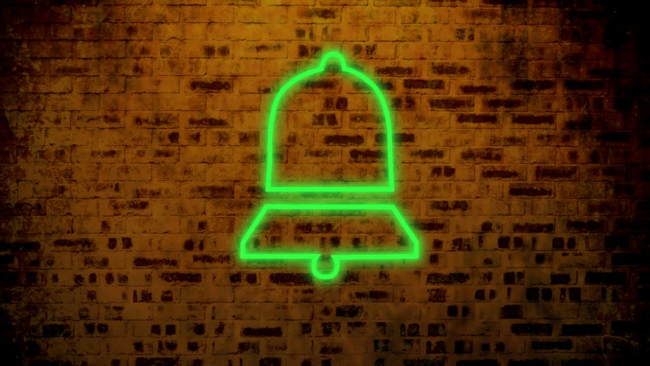 벽돌 벽에 빛나는 네온 종 알림 아이콘의 애니메이션