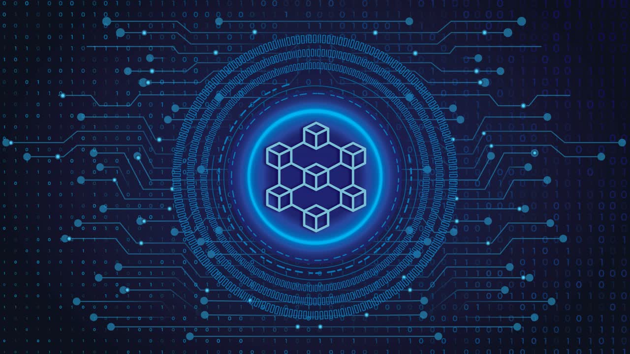 Blockchain Technology Concept Icon Animated 4k Text Shown on Tech Electronic, Digital Background of Blue and Digital Numbers and Data Moving