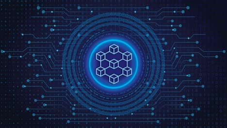 Icono-De-Concepto-De-Tecnología-Blockchain-Texto-Animado-De-4k-Que-Se-Muestra-En-Tecnología-Electrónica,-Fondo-Digital-De-Números-Azules-Y-Digitales-Y-Movimiento-De-Datos