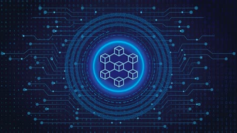 icono de concepto de tecnología blockchain texto animado de 4k que se muestra en tecnología electrónica, fondo digital de números azules y digitales y movimiento de datos