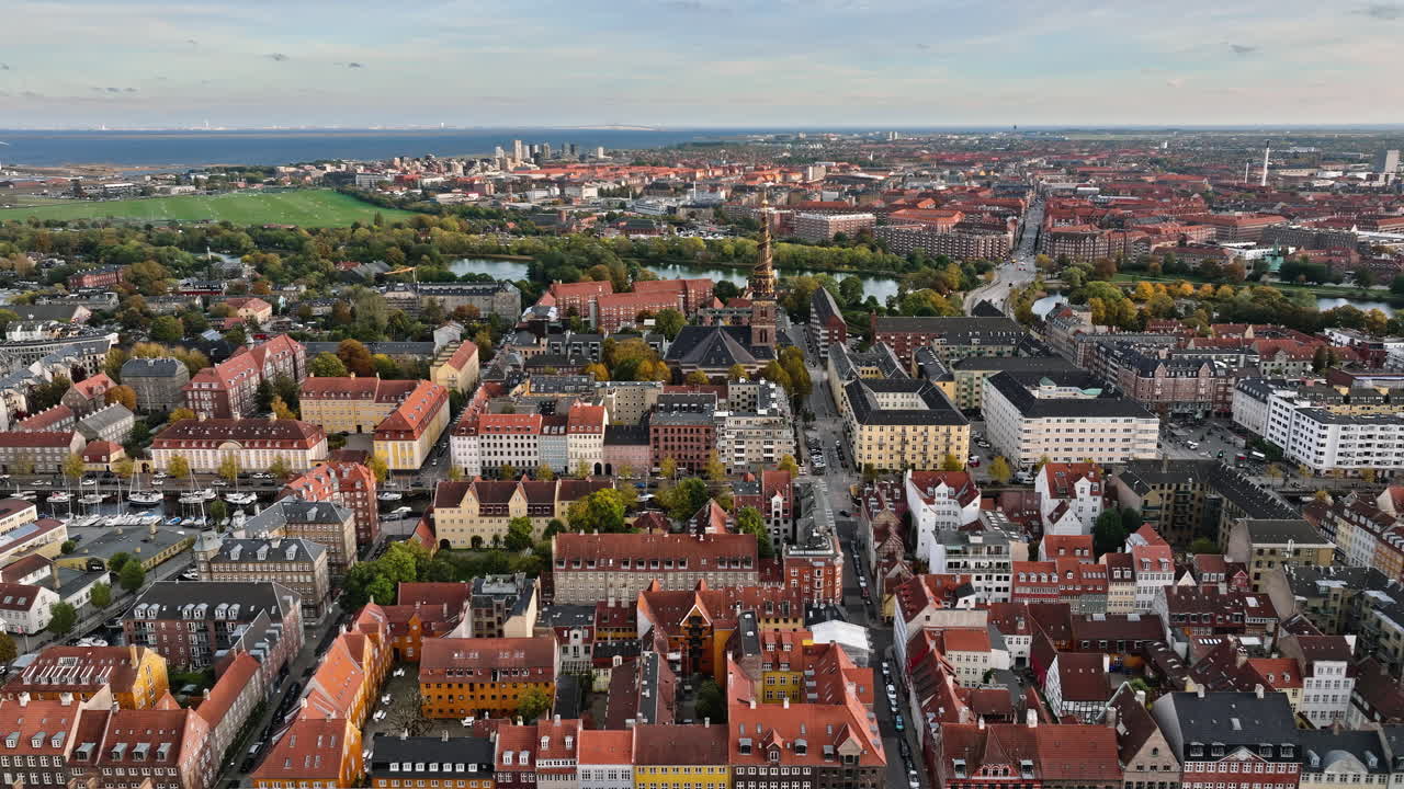 Aerial drone view of the Church of Our Saviour in the city centre of Copenhagen, Denmark at sunset