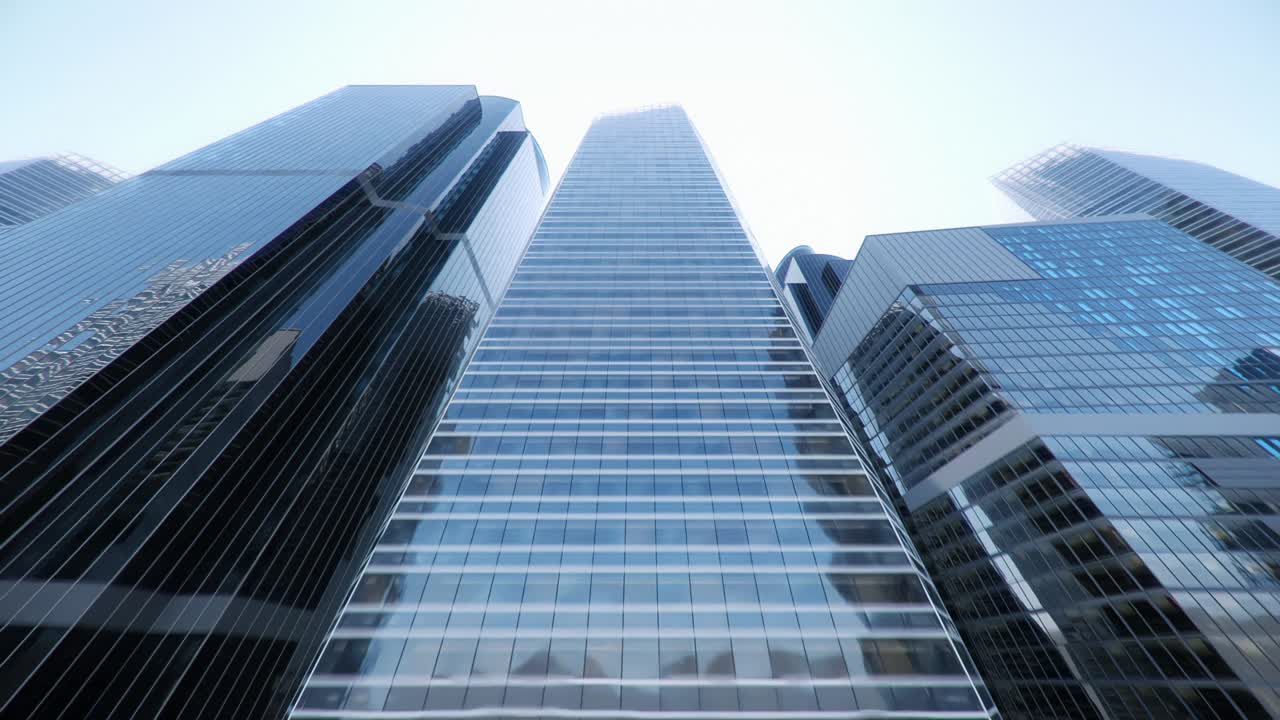 Fenster von Bürogebäuden und Luftaufnahme eines Wolkenkratzers mit vielen Firmenbüros erfolgreicher Unternehmen. Immobilien zur Miete und gewerblichen Nutzung, nahtlose abstrakte 3D-Animation