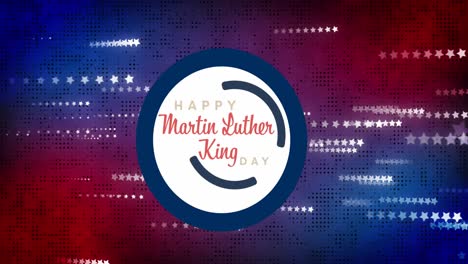 animación del feliz día de martin luther king texto sobre estrellas en fondo rojo y azul