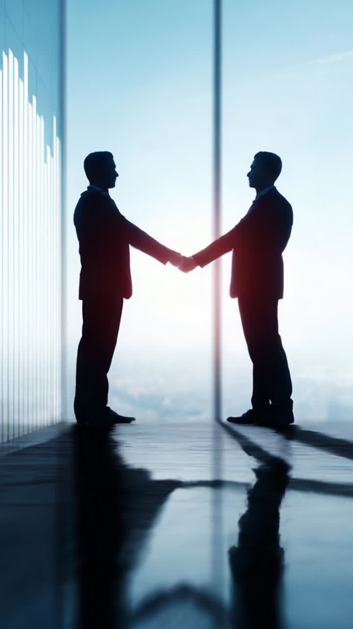 Two Business Professionals Silhouetted Against a Bright Background Engaging in a Handshake Signifying Partnership and Collaboration in a Modern Office Space