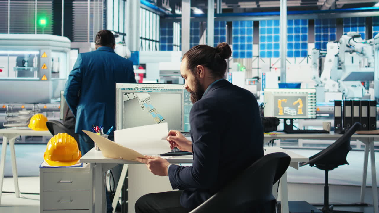esperto di fabbrica fotovoltaica che legge documenti di macchinari di impianti solari