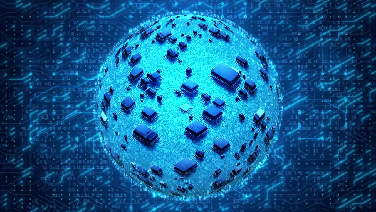 Rotating Motherboard Sphere on Moving Circuitry Lines - Futuristic Tech Animation