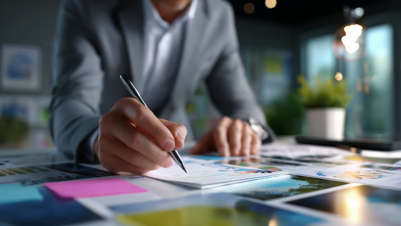 Focused Creativity: A Professional at Work, Engaged in Artistic Planning and Design with Colorful Visual References and Bright Lighting Enhancing a Productive Workspace Atmosphere