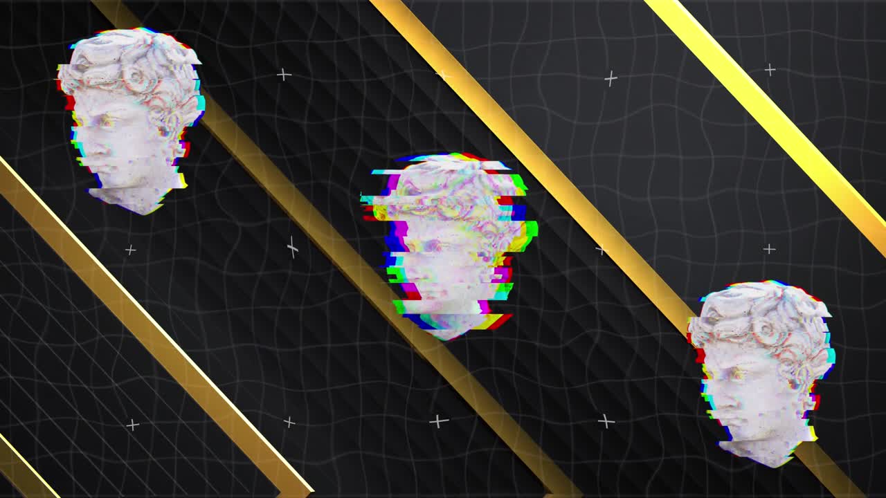 animación de bustos de esculturas clásicas masculinas distorsionadas sobre rayas doradas y cuadrícula en negro