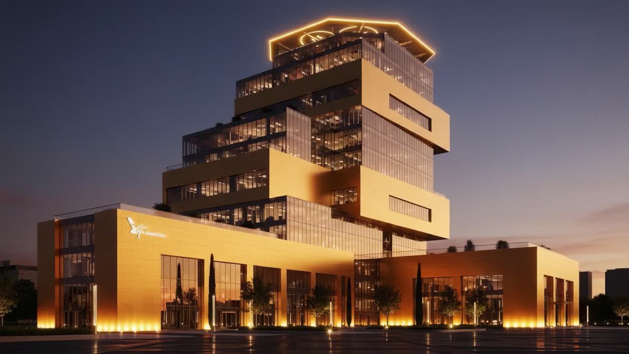 A stunning architectural marvel showcases a modern design with illuminated features, presenting a vibrant blend of glass and warm tones against the dusk sky