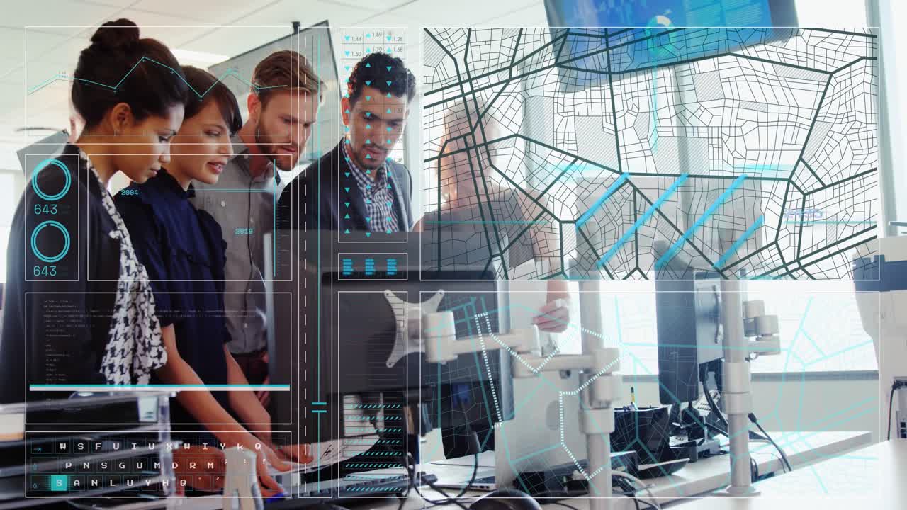 animación del procesamiento de datos sobre diversas personas de negocios en la oficina