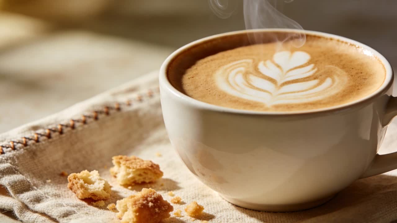 Nyskænket latte med krøllet damp på dug med latte-kunst og krummer, til cafemarkedsførere