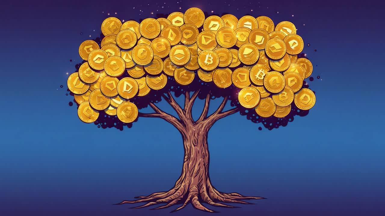 A Vibrant Digital Tree Flourishing with Golden Cryptocurrency Coins Against a Deep Blue Background, Symbolizing Wealth, Growth, and Prosperity in the Modern Financial Landscape