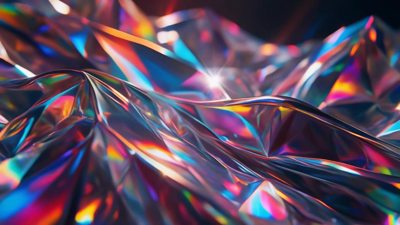 Superficie metallica iridescente astratta con riflessi di luce scintillanti.