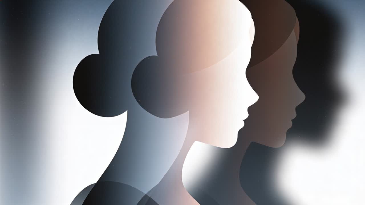 Silhouette femminile animata mentre i fotogrammi avanzano, con profili stratificati che scivolano su uno sfondo sfumato.