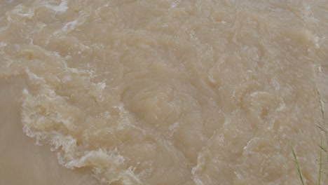 Flooded-creek-with-brown-water-flowing-at-strong-current-daytime---summer