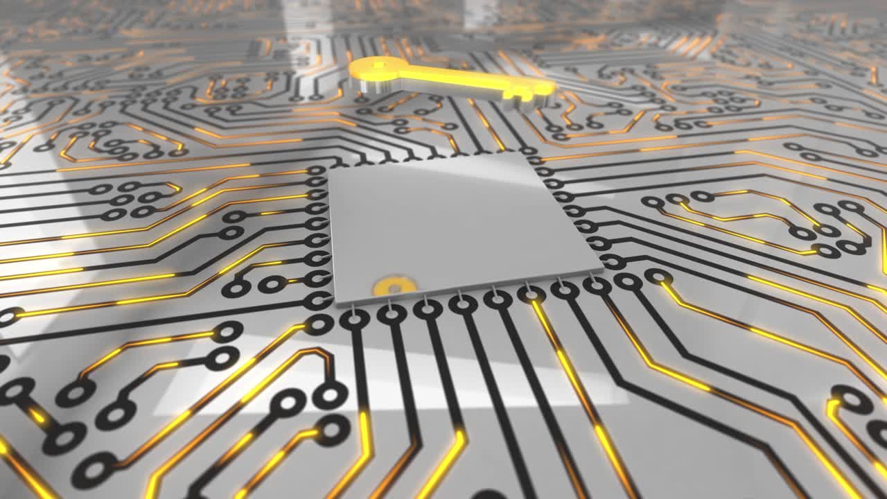 밝은 오렌지 회전 컴퓨터 회로 보드 개념 키 루프