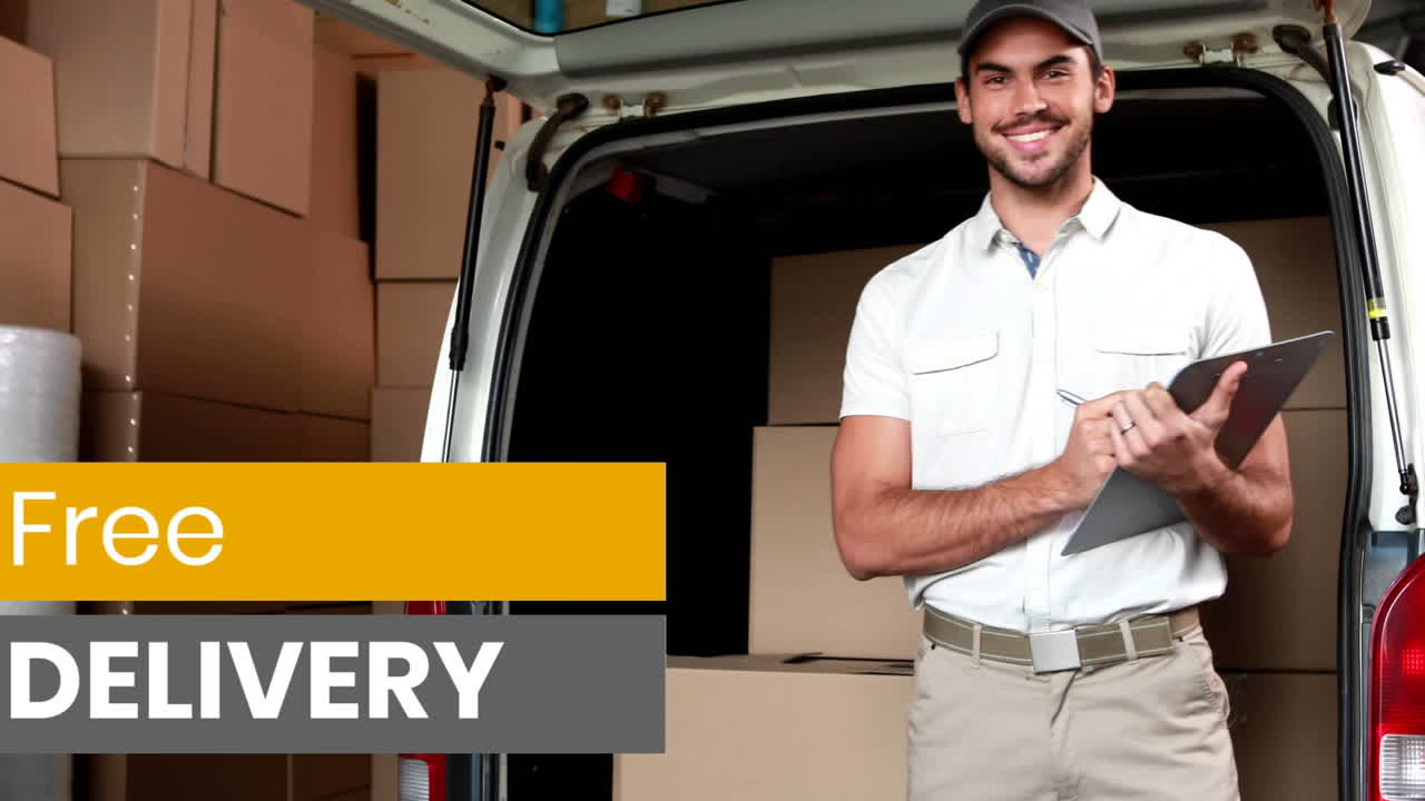 animación de las palabras entrega gratuita sobre el hombre con el portapapeles, entrega de mercancías