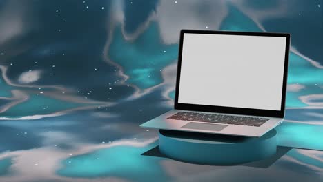 portátil moderno con pantalla blanca en blanco exhibición de producto vitrina precio especial descuento animación de renderización 3d fondo abstracto líquido