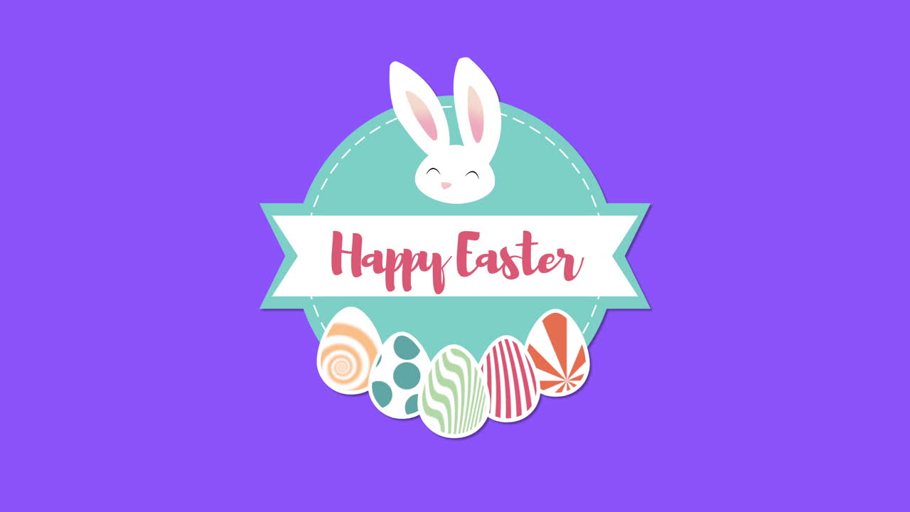 애니메이션 근접 촬영 행복 한 부활절 텍스트와 파란색 배경에 토끼