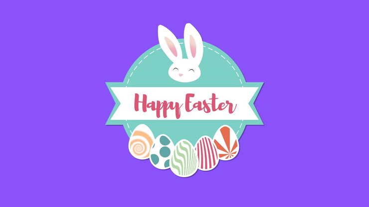 Animated closeup Happy Easter text and rabbit on blue background