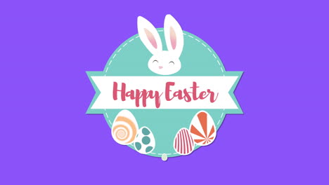 animated closeup happy easter text and rabbit on blue background