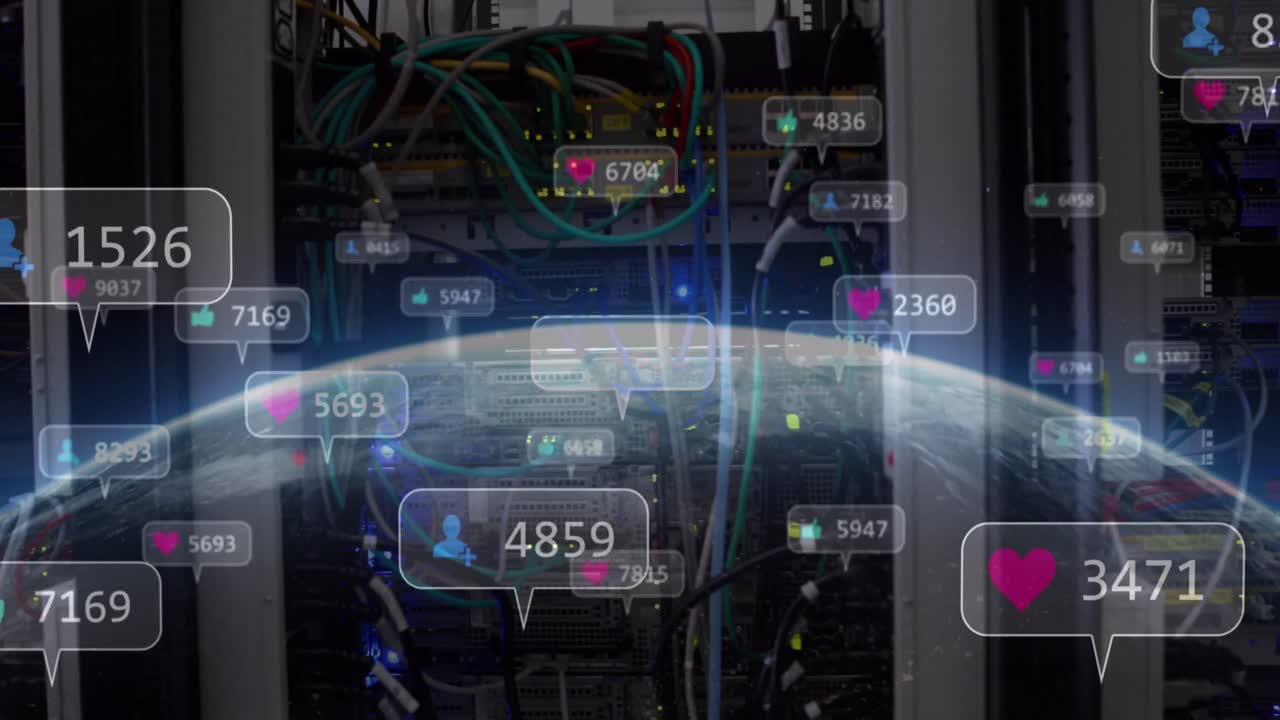 Animation of social media icons over globe and computer server