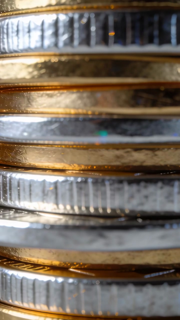 Vertical video: Macro cam panning coin stack, showing reeded silver edges and gold rims for finance
