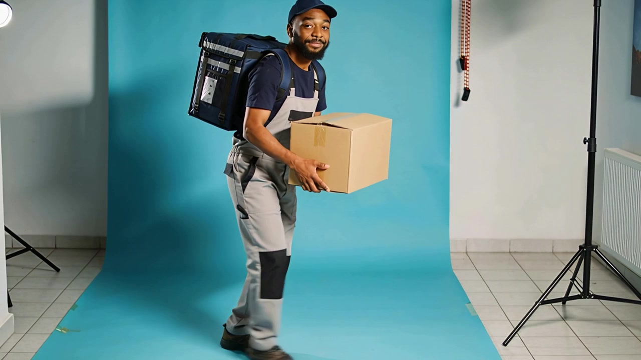 Un fattorino entra in studio per un servizio fotografico, tenendo una scatola, con tuta da lavoro e zaino termico.