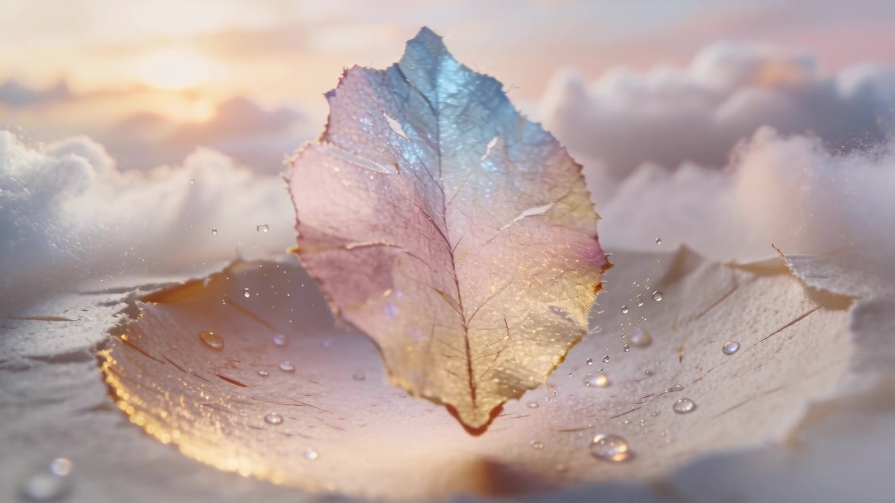 Lifting gust moving iridescent leaf, rotating and settling above concave petal at sunrise with dew