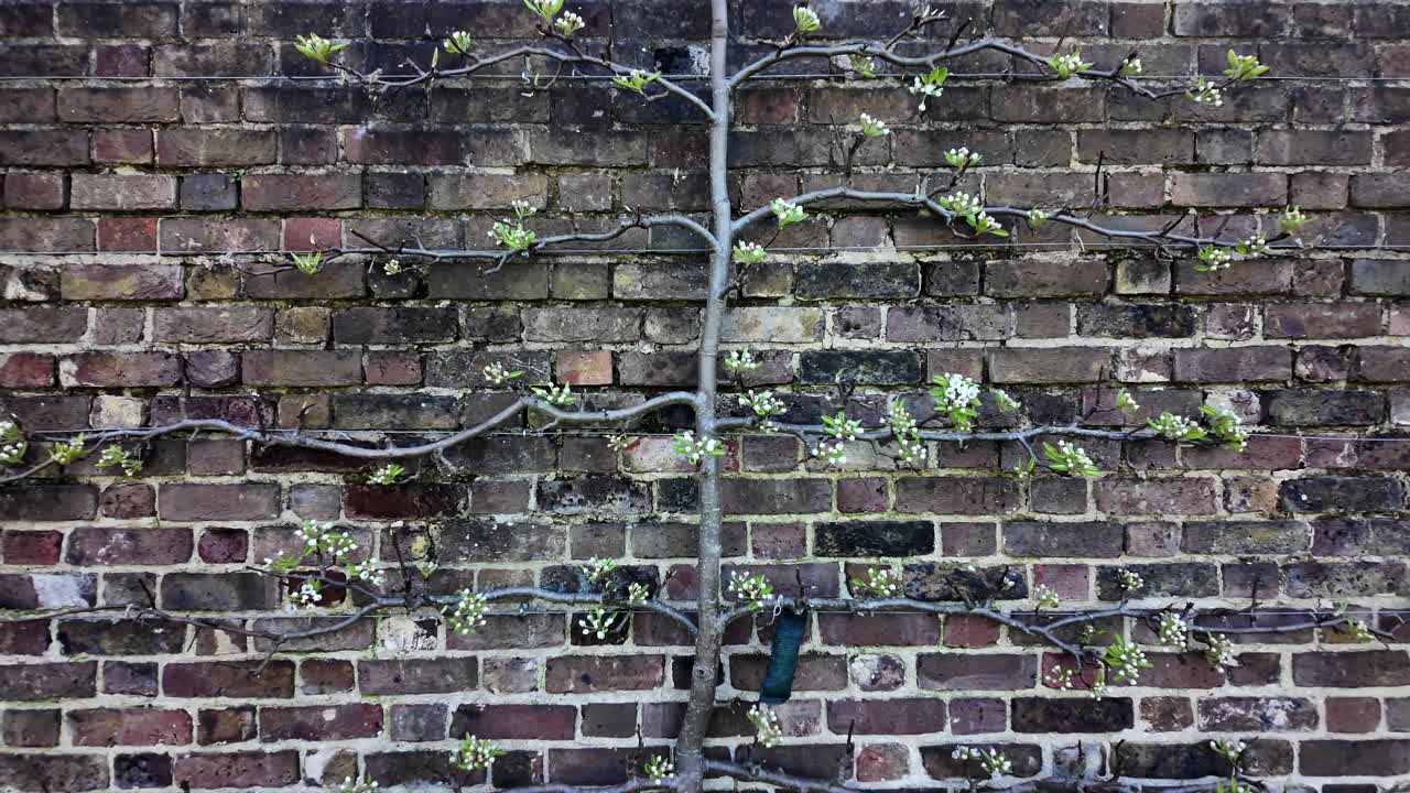 An espalier tree trained against a weathered brick wall, displaying fresh green spring buds and horizontal branches
