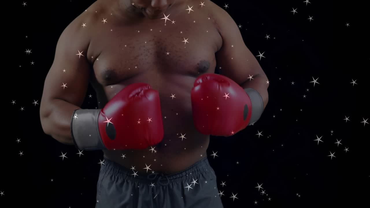 Male boxer adjusting gloves for fitness lifting gaze while stars drifting across face preparing hit