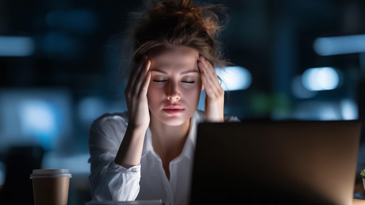 Una giovane donna lotta contro lo stress e la fatica lavorando fino a tarda notte, combattendo l'esaurimento mentale in un ambiente scarsamente illuminato e circondata dalla tecnologia.