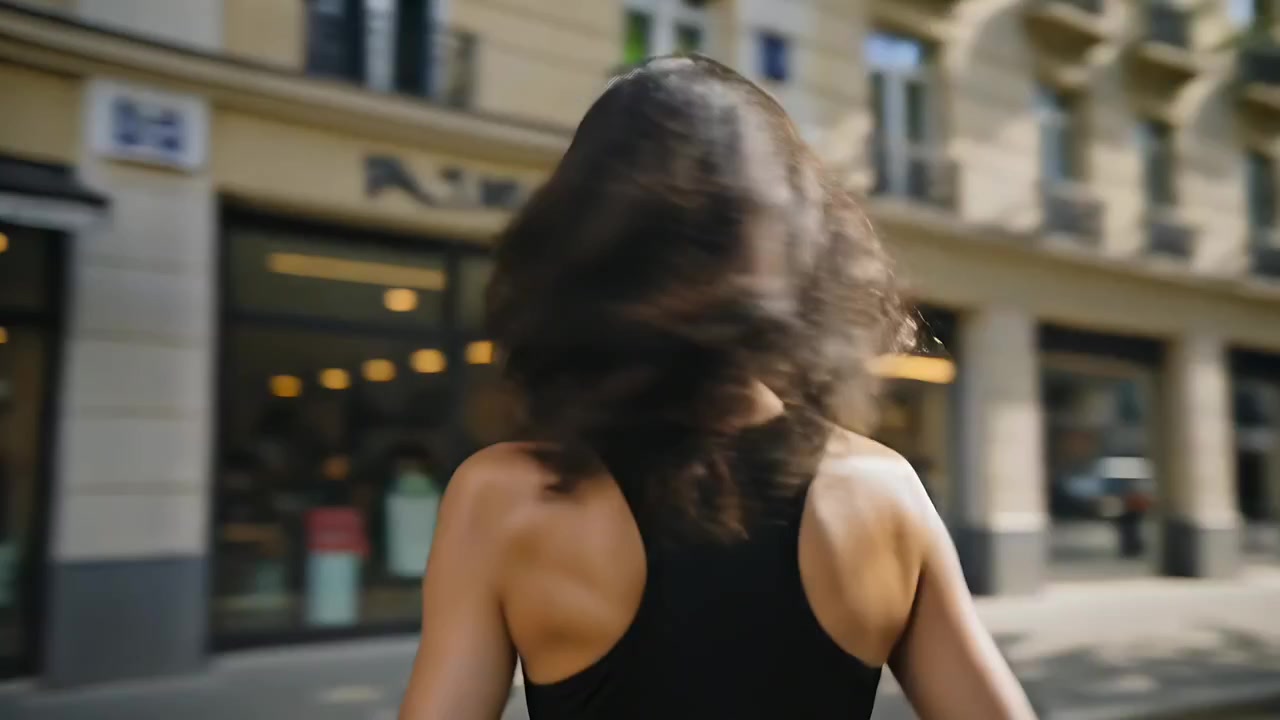 Mujer corriendo con camiseta de tirantes negra, girando la cabeza hacia atrás en una calle soleada, con cámara siguiendo para filmar