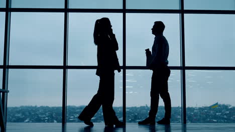 male silhouette stands at the window drinking coffee. female silhouette walks along speaking on the phone. office employees at work.