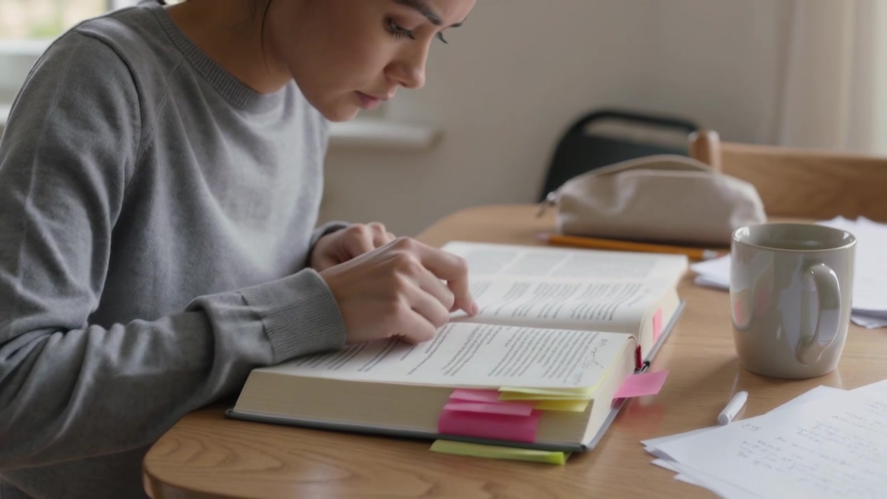 Student v světle šedé mikině obrací stránky a studuje u domácího stolu, s záložkami v učebnici.