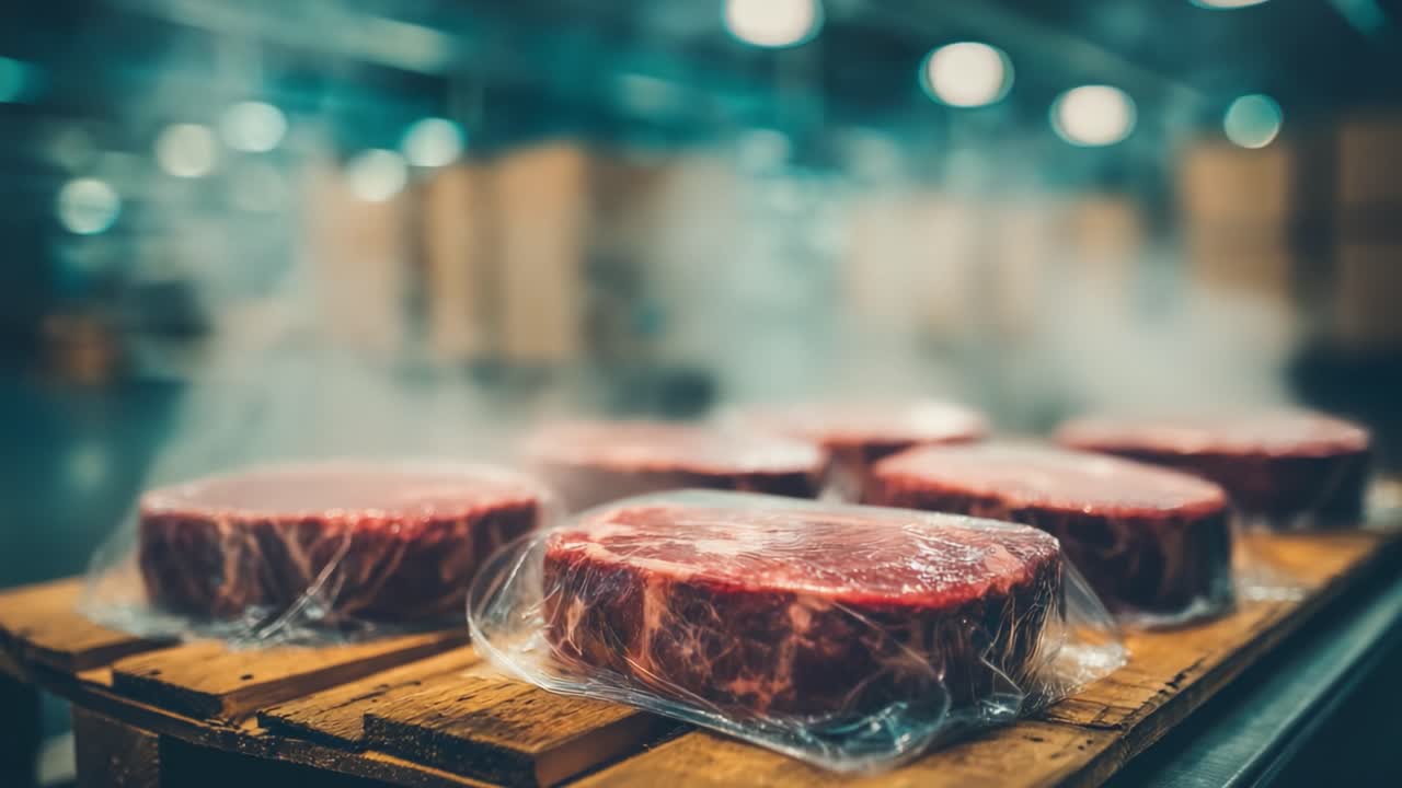 Premium Cuts of Meat Wrapped in Plastic on a Wooden Pallet in a Fresh Processing Facility with Steam Rising from the Surface