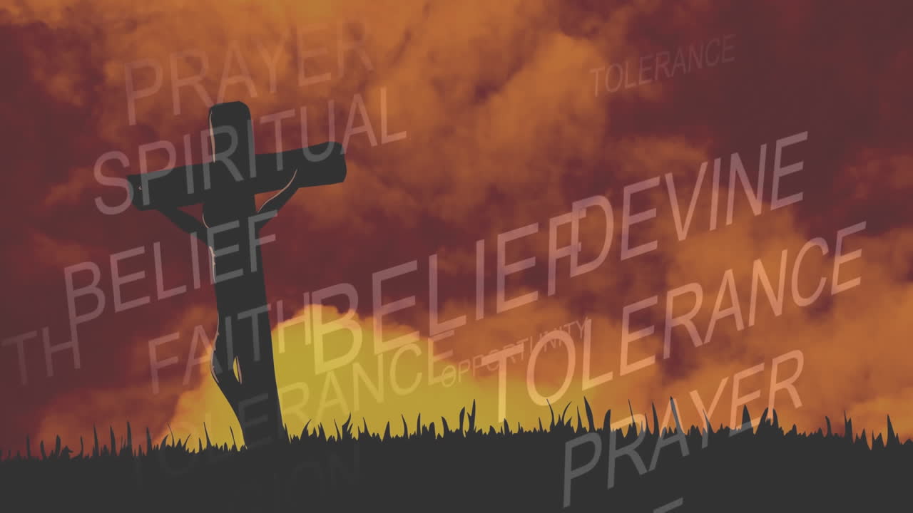 오렌지색 하늘을 배경으로 기독교 십자가 위에 여러 가지 종교적인 단어