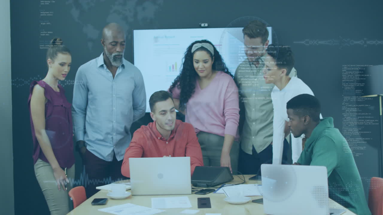 Animation of data processing over business people working in office