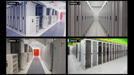 cuatro cámaras de seguridad vistas de los interiores de la sala de servidores de computadoras de negocios, en cámara lenta