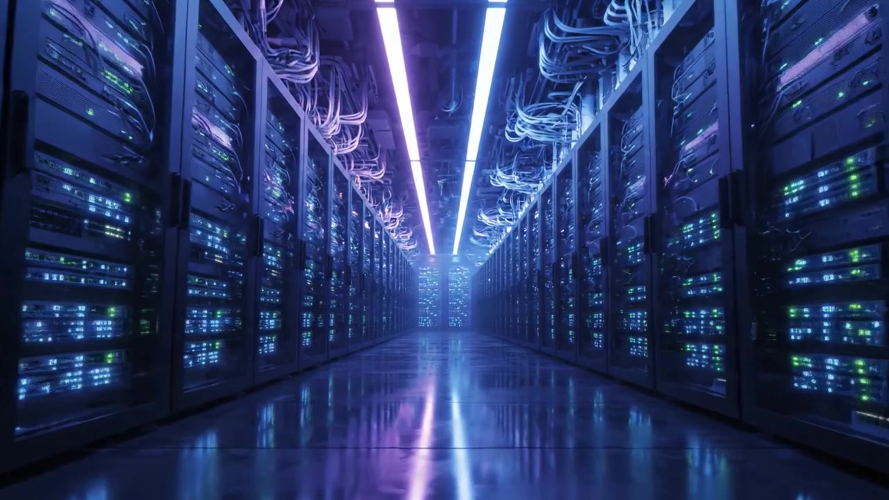 A Glimpse Inside a High-Tech Data Center with Rows of Servers and Vibrant Blue and Purple Lighting, Showcasing Modern Computing Infrastructure and Networking Equipment