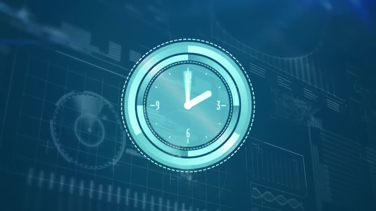 Animazione di orologio in rapido movimento, elaborazione di dati e statistiche sullo schermo
