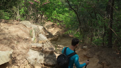 fit man with a backpack walks down the rocky trail in beautiful spring forest landscape