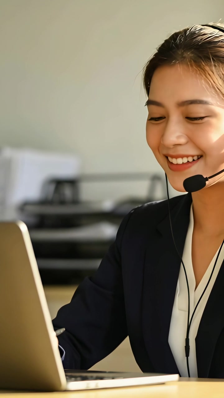 Video vertical: Mujer con teléfono sonando, con blazer y auriculares, atendiendo una llamada y tecleando en el portátil en el escritorio de la oficina.