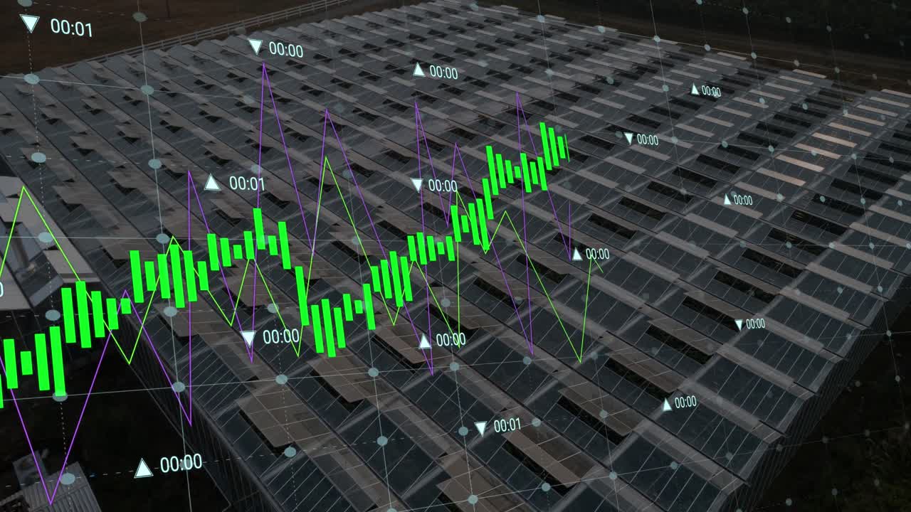 태양 전지 패널과 풍경에 대한 데이터 처리의 애니메이션