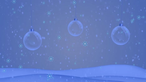 Animation-of-snowflakes-icons-falling-over-hanging-bauble-decorations-against-winter-landscape