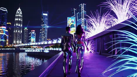 couple walking through futuristic city at night