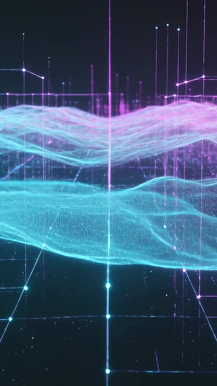 Vertical video: Pulsing axis causing cyan magenta mesh waves shifting across grid, showing data