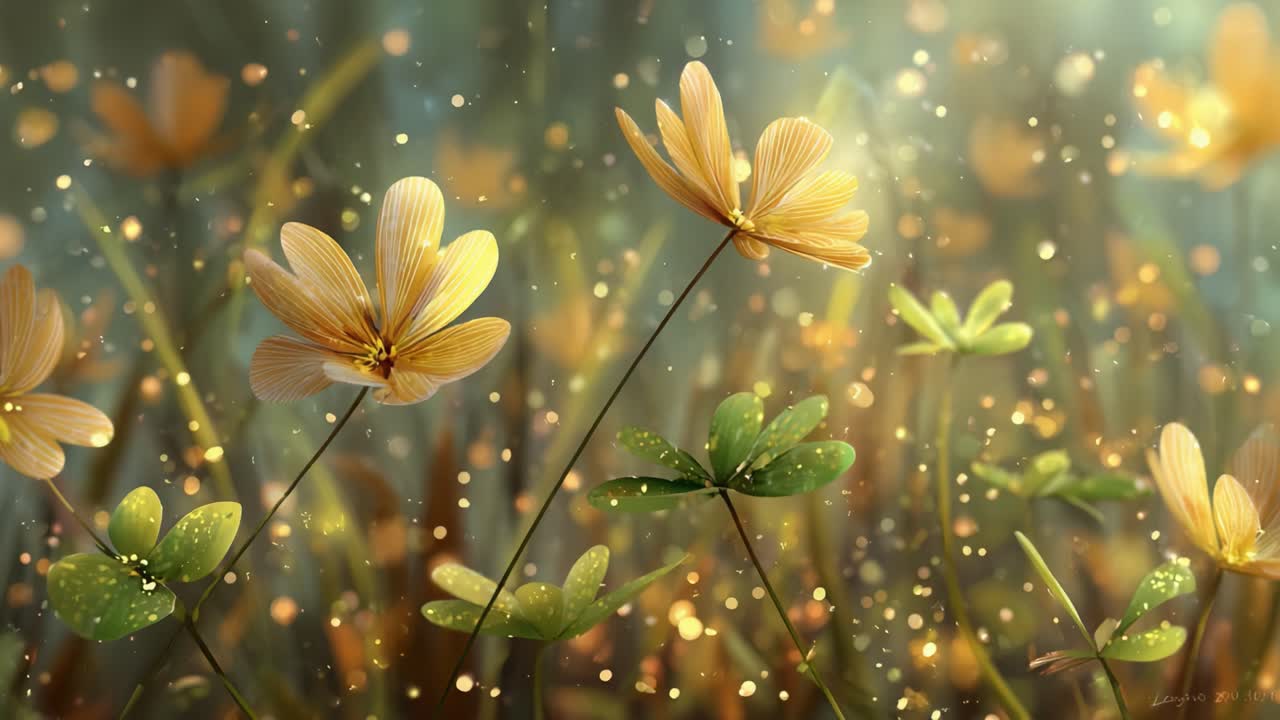 A serene and enchanting display of vibrant flowers glowing softly in a sunlit meadow, capturing the essence of nature's beauty and tranquility with sparkling details