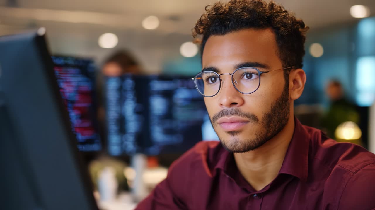 Focused professional engaged in work at a computer, showcasing concentration and determination in a modern office environment filled with technology